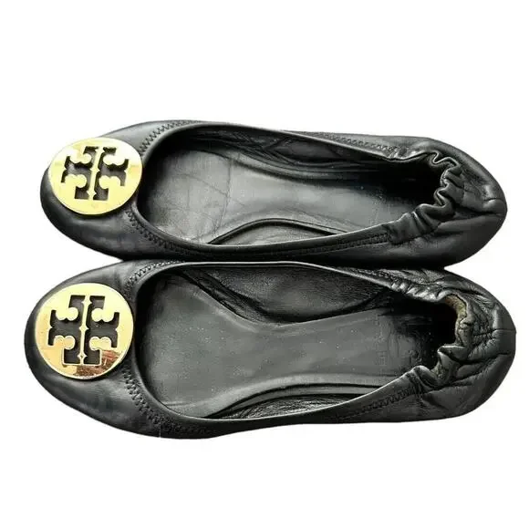 Tory Burch Reva Black Leather Gold Logo Medallion Ballet Flats Size 7 - Picture 7 of 12